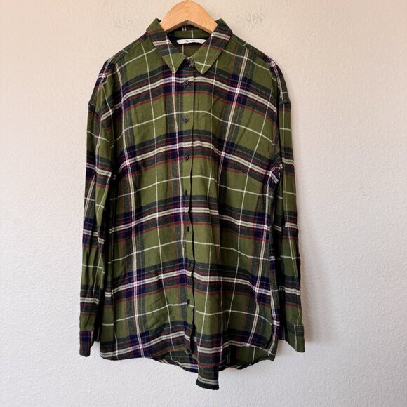 Womens Buttoned Up Shirt Olive Blue Red Plaid Flannel Size Medium - Picture 1 of 9